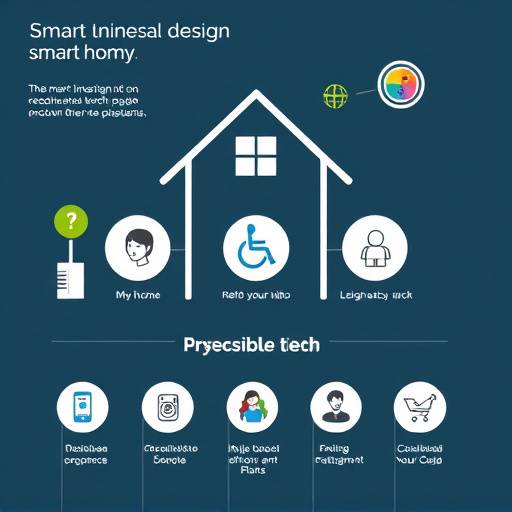 Illustration du design universel appliqu&eacute; &agrave; une maison intelligente, montrant des ic&ocirc;nes repr&eacute;sentant diff&eacute;rentes technologies et leur accessibilit&eacute; pour divers utilisateurs.