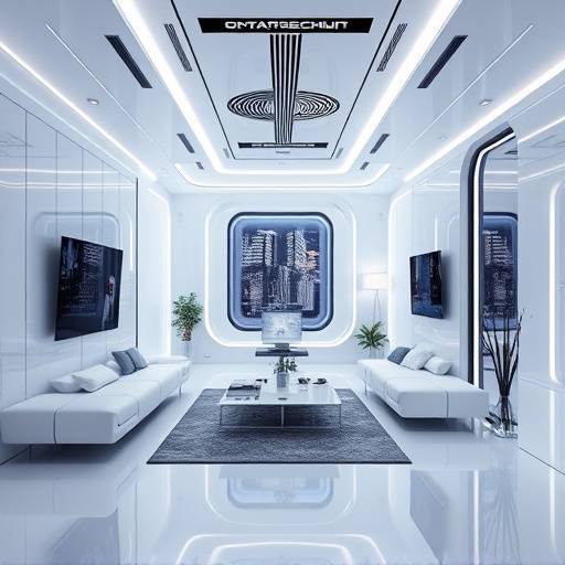 Image conceptuelle d'une maison futuriste avec des mat&eacute;riaux intelligents et une int&eacute;gration transparente de la technologie.