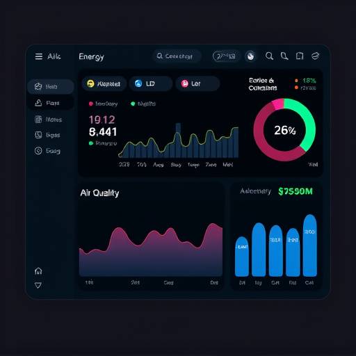 Tableau de bord d'une application mobile affichant des donn&eacute;es sur la consommation d'&eacute;nergie et la qualit&eacute; de l'air int&eacute;rieur.