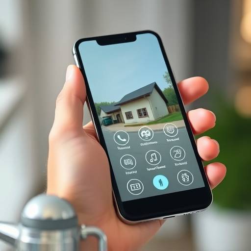 Une main tenant un smartphone affichant une interface de gestion de la s&eacute;curit&eacute; d'une maison.